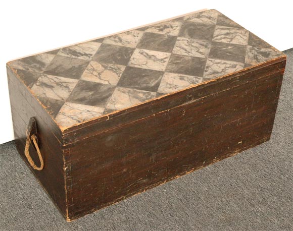 19THC ORIGINAL PAINTED BLACK AND WHITE SMOKE DECORATED SEA TRUNK