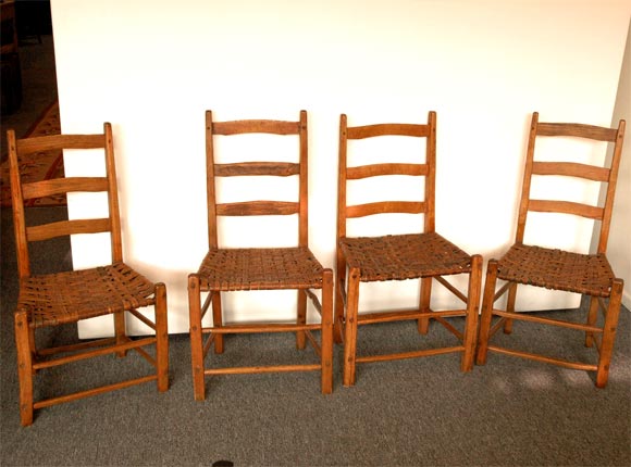 SET OF FOUR HAND MADE LADDER BACK CHAIRS FROM THE STATE OF MAINE-ALL ORIGINAL WITH WOOD PEGS AND HAND MADE WOVEN SPLINT SEATS,GREAT OLD PATINA AND CONDITION