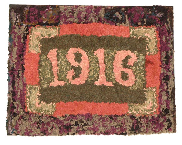 Dated 1916 hand-hooked and mounted rug (shirred), great unusual colors and mint condition, found in Pennsylvania.