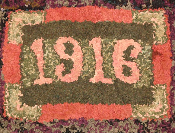American Folky Dated 1916 Mounted Hand-Hooked/ Shirred Rug For Sale