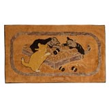 1930S PICTORIAL CATS AT PLAY-MOUNTED HOOKED RUG