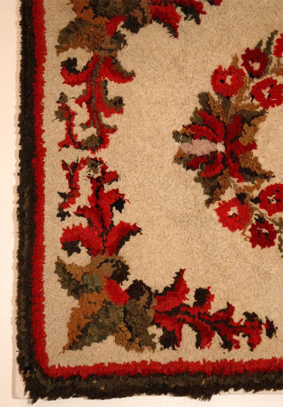 American Early 20th Century Mounted Floral New England Hooked Rug For Sale