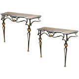 Pair wrought iron consoles