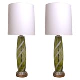 pair of chartreuse and white murano glass lamps
