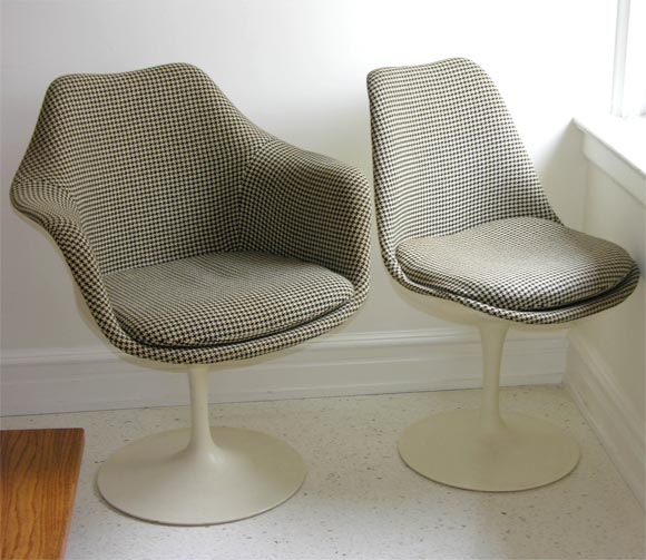 Gorgeous set of six dining chairs by Eero Saarinen for Knoll (1960's).  Creamy lacquered metal base, with original Alexander Girard houndstooth fabric and new foam inserts.<br />
<br />
Two armchairs and four side chairs.
