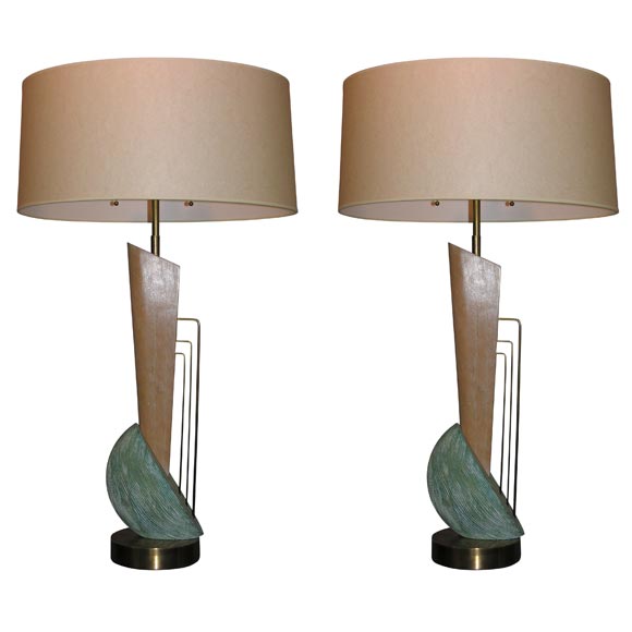 Table Lamps Mid Century Modern Sculptural wood and brass att to Paul Laszlo For Sale