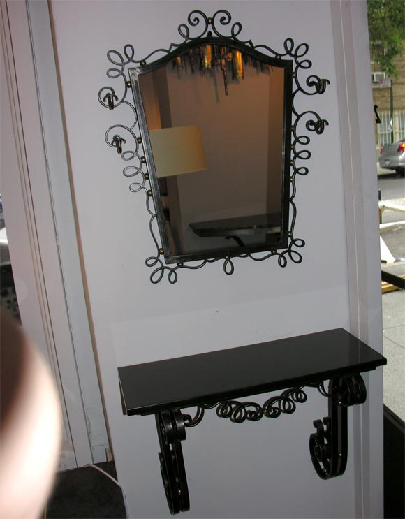 A 1930's French Art Moderne Console and Mirror crafted of Hand Wrought iron and brass with black onyx top, ORIGINAL PRICE $3,500