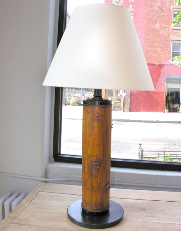 TABLE LAMPS MADE OUT OF ANTIQUE PRINTING ROLLS. 6 LAMPS ARE AVAILABLE AND ALL HAVE A DIFFERENT PATTERN AND SOLD SEPERATELY
