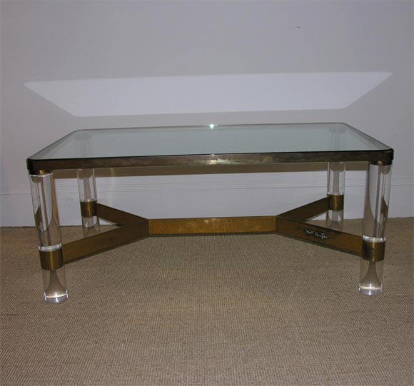 A Karl Springer Brass, Glass & Plexiglass Low Table. Signed.
