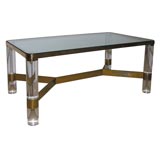 A Karl Springer Brass, Glass & Plexiglass Low Table. Signed.