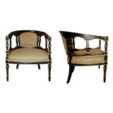 Pair Black and Gilt Barrel Chairs, 1940s