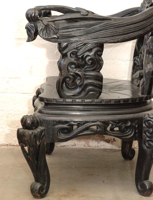 Ebonized Large Oriental Arm Chair with Foo Dogs