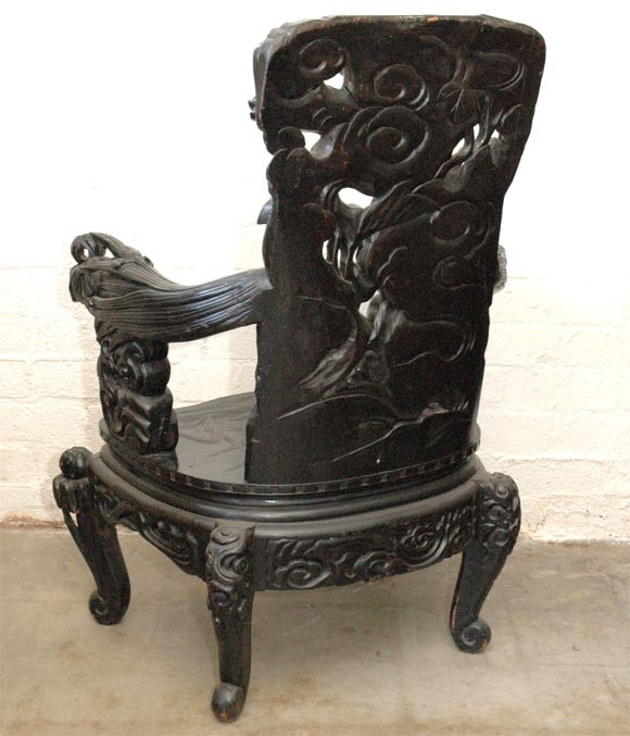 Wood Large Oriental Arm Chair with Foo Dogs