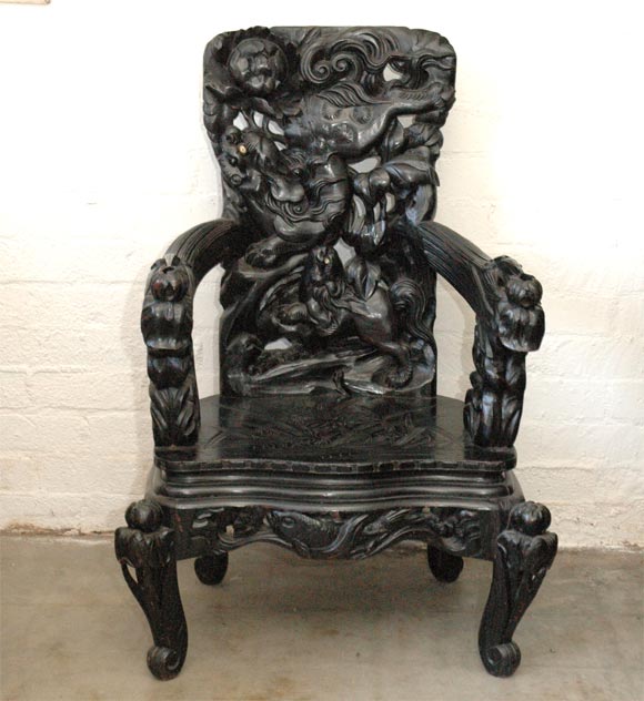 Large Oriental Arm Chair with Foo Dogs 1
