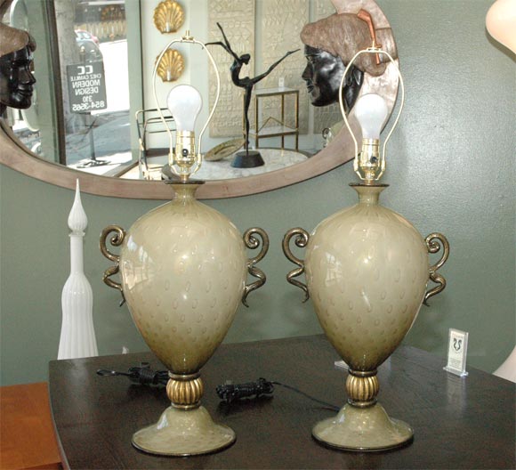 Pair of  green and gold murano lamps
