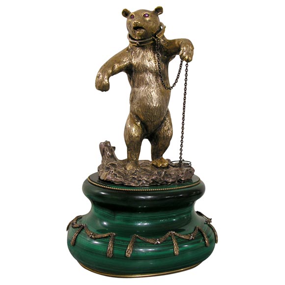 Russian Gilt Bronze and Malachite Dancing Bear. For Sale