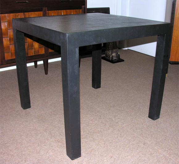 Parsons style game table covered in black embossed ostrich leather designed by Karl Springer, American 1970's (original label on bottom)