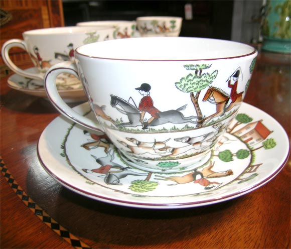 English Coalport Hunting Scene Huge Cups and Saucers
