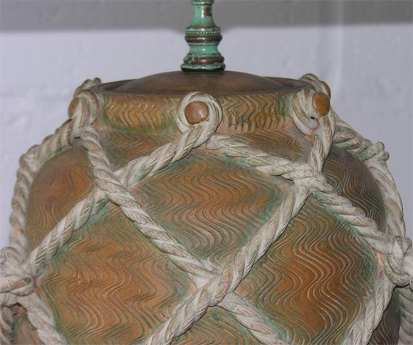 Mid-20th Century Italian Terra Cotta Table Lamp with Knotted Rope Work by Zaccagnini, circa 1940