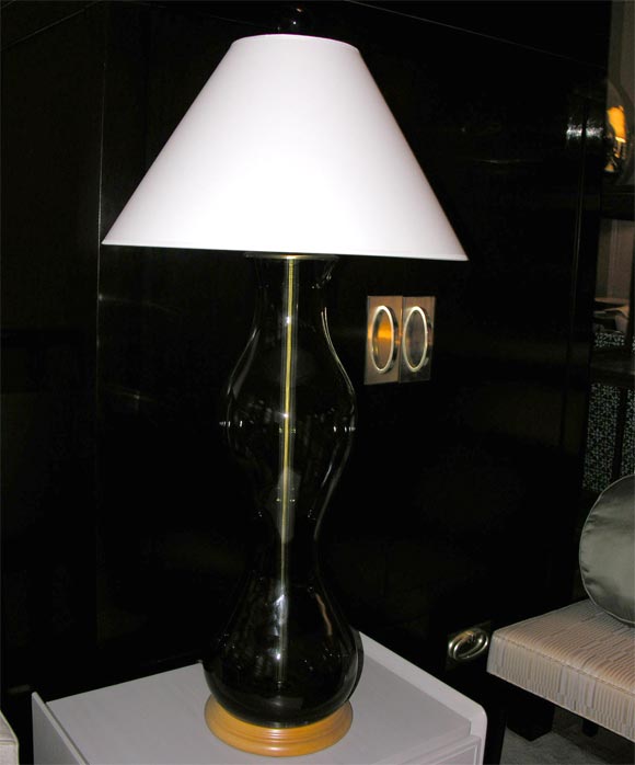 Extra Large Blenko Hourglass Lamp in charcoal circa 1950 with original finial and wood base