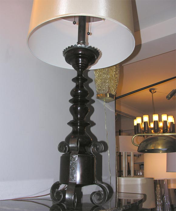  Table Lamps Pair Art Moderne wood and wrought iron In Good Condition For Sale In New York, NY