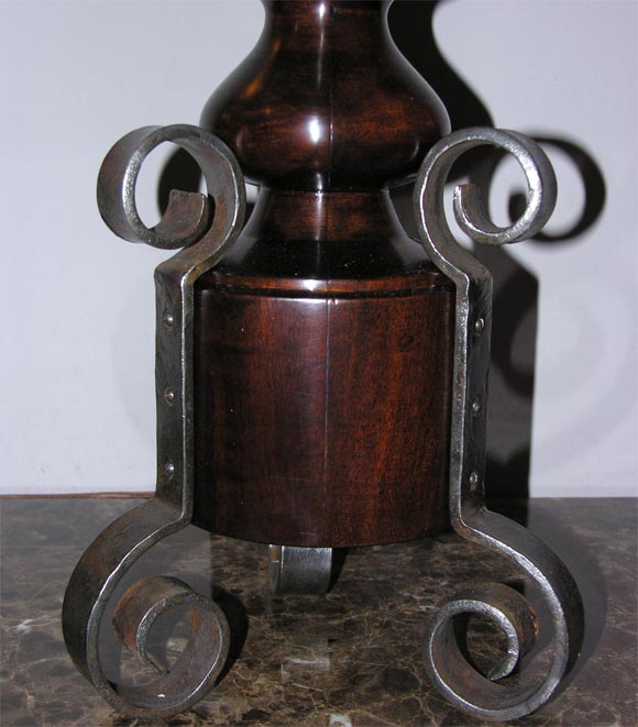 Carved  Table Lamps Pair Art Moderne wood and wrought iron For Sale