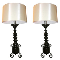  Table Lamps Pair Art Moderne wood and wrought iron