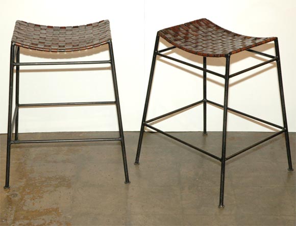 Pair of Woven Leather and Iron Stools