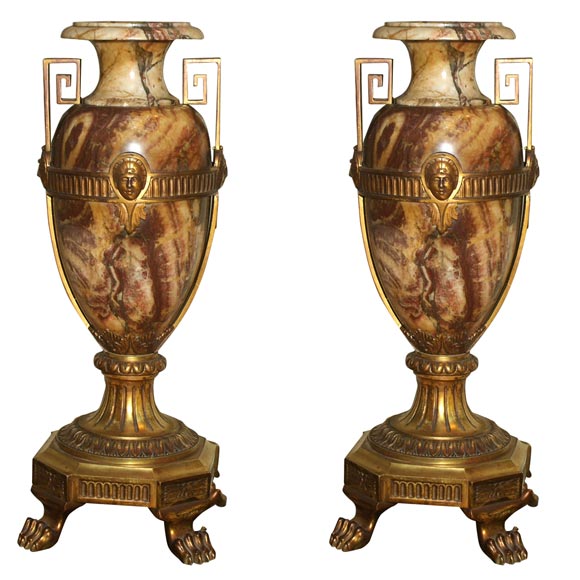 Art Deco Marble and Bronze Pair of Urns