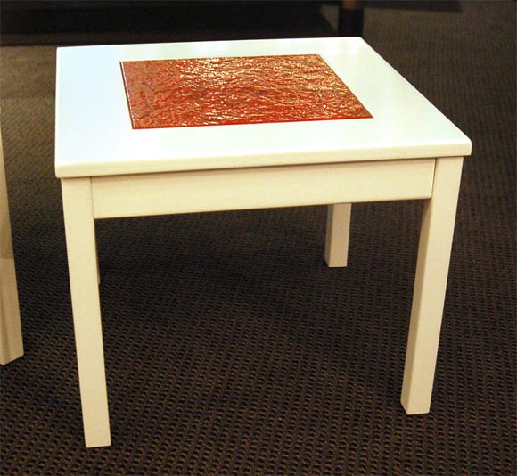 Pair Brown Saltman Orange Enamel & White Lacquer Side Tables