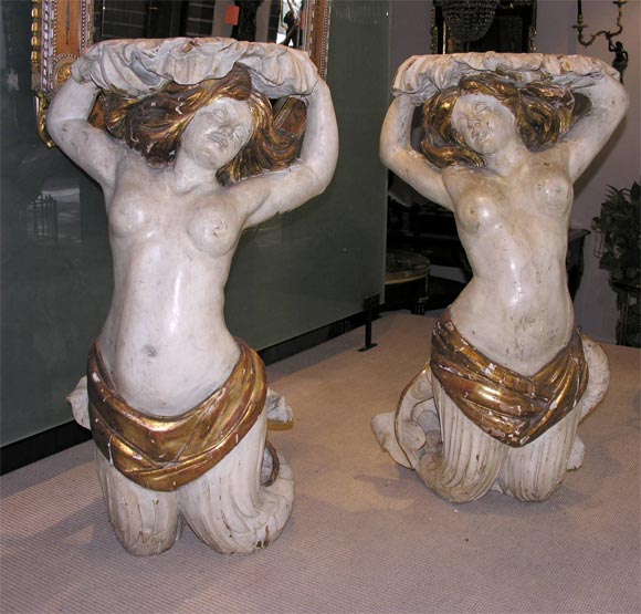 Pair of Carved Gilded and Painted Mermaid Pedestals. Shown as Console base.