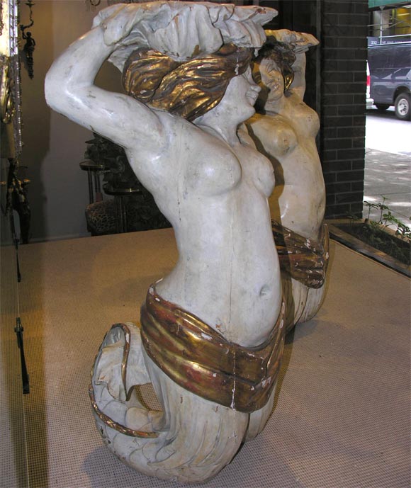 19th Century Rare and Unusual Pair of Gilded and Painted Mermaid Pedestals