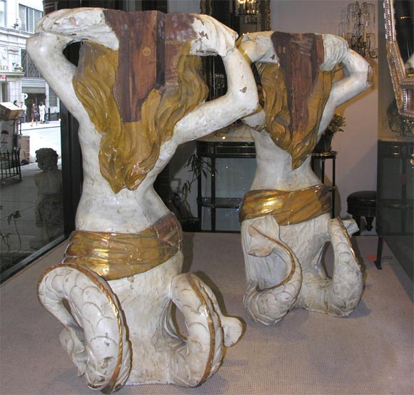 Rare and Unusual Pair of Gilded and Painted Mermaid Pedestals 4