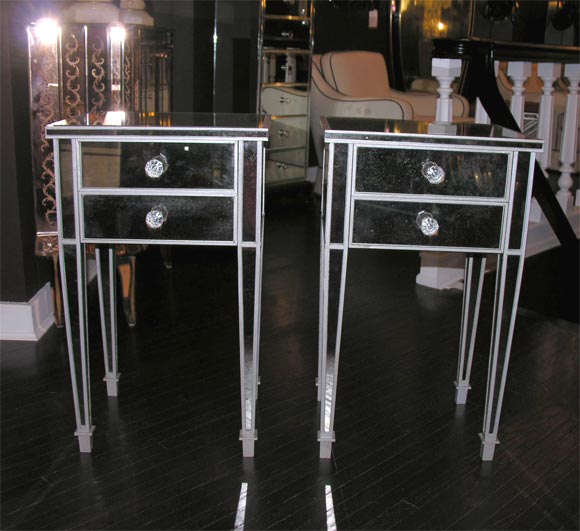 Pair of custom 2-drawer silver trim mirrored nightstands. Customization is available in different sizes, finishes and hardware.