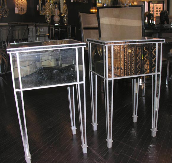 American Pair of 2-Drawer Silver Trim Mirrored Nightstands For Sale