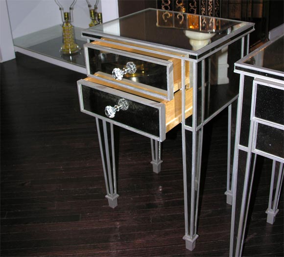Pair of 2-Drawer Silver Trim Mirrored Nightstands For Sale 4