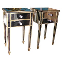 Pair of 2-Drawer Gold Trim Mirrored Nightstands