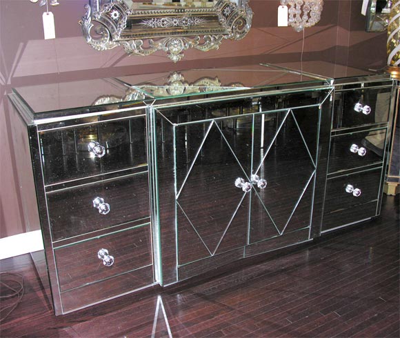 Custom large diamond front mirrored dresser with 9 drawers and two doors. Customization is available in different sizes, finishes and hardware.