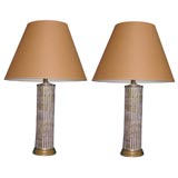 Pair of round faux-bamboo ceramic lamps