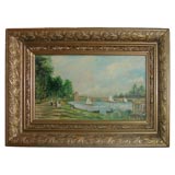 Oil of Sailboats on River