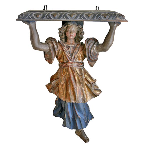 17th Century Carved Wood and Polychrome Angel Bracket