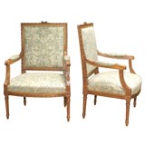 Rare Pair of Square Back Louis XVI Style Walnut Armchairs