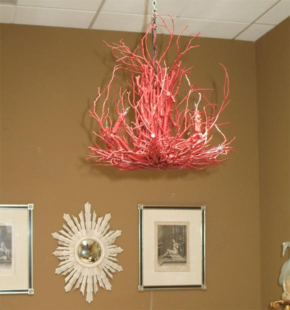 a sublime and elegant branch chandelier painted in coral red.<br />
6 bulbs<br />
priced individually<br />
custom sizes available