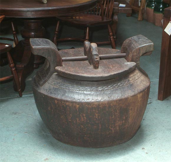 Extra large Teak Rice seedling container. Sumatra with carving around neck. Removable lid. Great for a tree or plant. All original pieces.