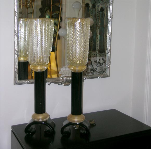 Barovier e Toso Murano Torchiere Lamps in Deep Black and Gold