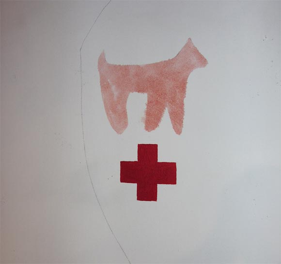 A Large Acrylic and Gesso on Canvas (unframed) painting of a small Pink Dog with a Red Cross below. Signed: 