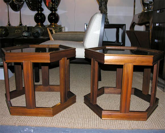 A pair of octagonal occasional tables with wood frames and reverse painted glass by Brown Saltman, American, circa 1960.