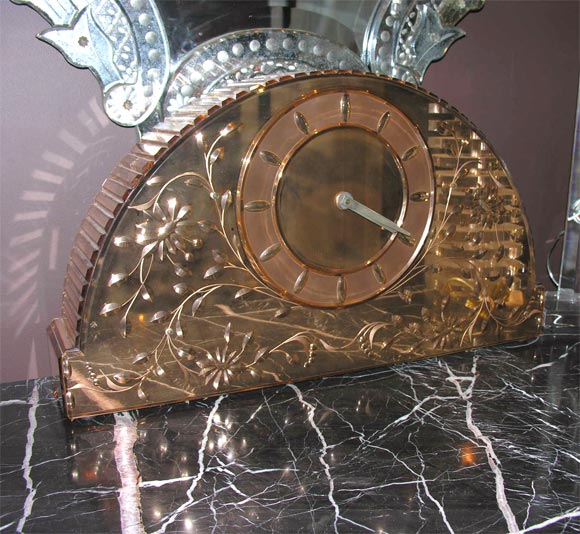 1930's French Etched Rose Mirrored Clock