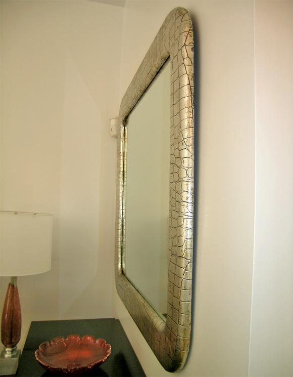 20th Century Milo Baughman / Thayer Coggin Large Silver Leafed Leather Mirror For Sale