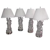 Four Carved Wood Chinese Wisemen Lamps
